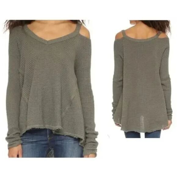 Free People Sweaters - Free People Green Moonshine Cold Shoulder Thermal Waffle Knit Sweater Small